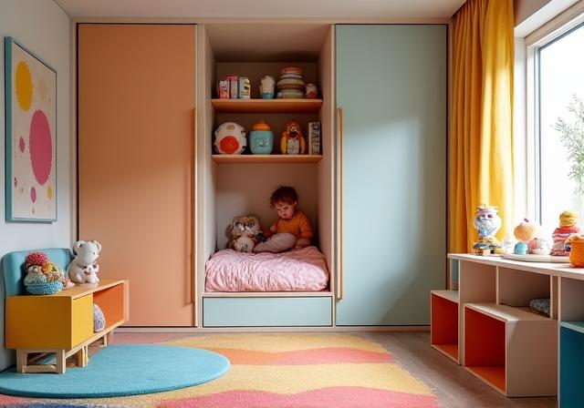 Murphy bed transforming kids room to play space