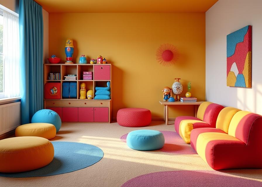 Colorful textile-integrated playroom furniture