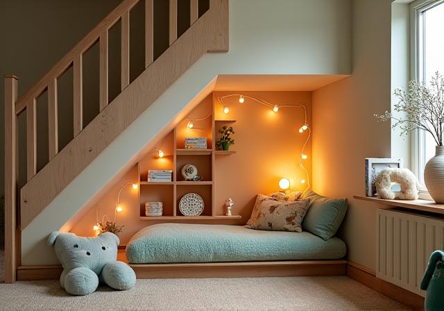 Custom kids nook under staircase